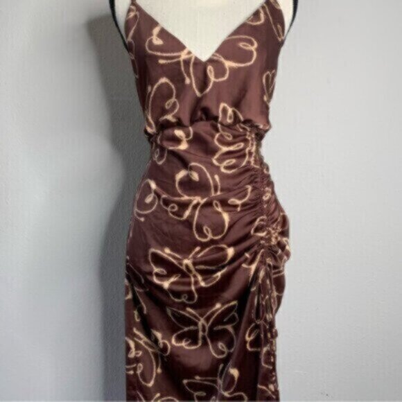 Urban Outfitters Brown & Cream Plunged Neckline Midi Dress - Picture 6 of 16